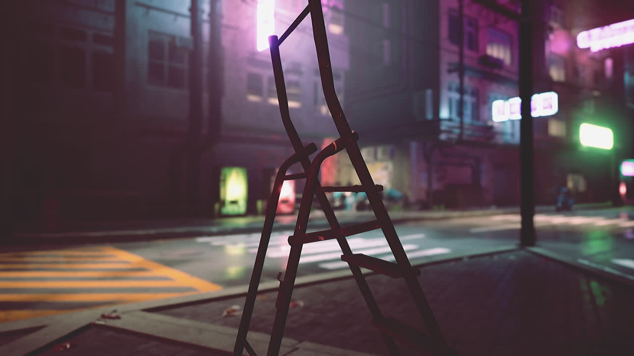 보행자 길 위 에 앉아 있는 나무 사다리