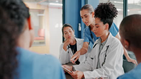 Doctors,-nurse-or-women-on-clipboard-in-meeting