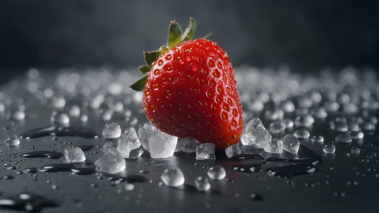 Fragola rossa fresca circondata da cubetti di ghiaccio su superficie scura