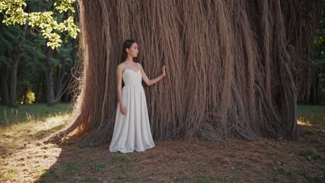 woman wearing flowing white dress touching weathered bark of ancient tree, connecting with forest's tranquil woodland environment, expressing deep natural harmony