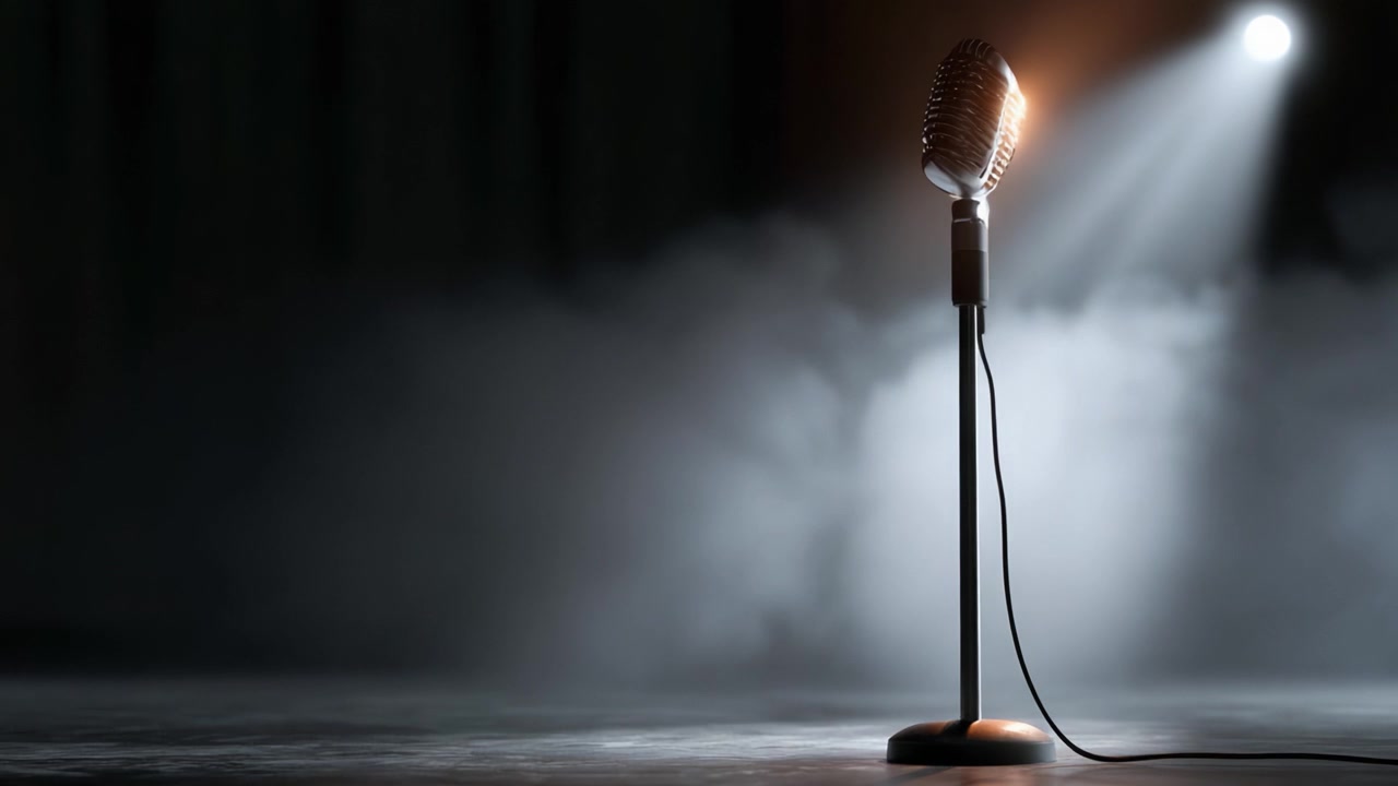 Un riflettore accattivante su un microfono vintage, che riflette l'essenza delle performance dal vivo e il potere della musica in un ambiente intimo.