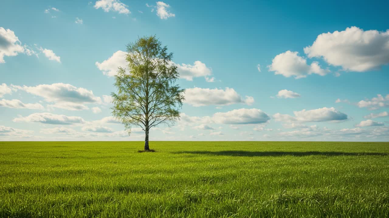 A solitary tree stands majestically in a vast green field under a ...