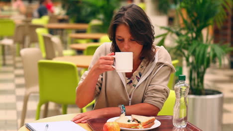 estudiante bonita estudiando mientras almuerza en la cantina