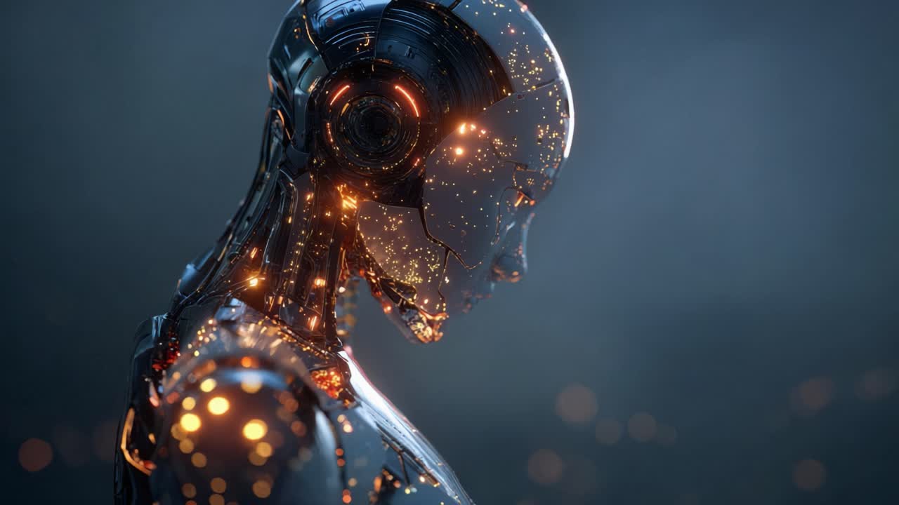 Sophisticated female humanoid robot featuring a complex internal structure with glowing neural networks, symbolizing the dawn of advanced artificial intelligence and the future of technology