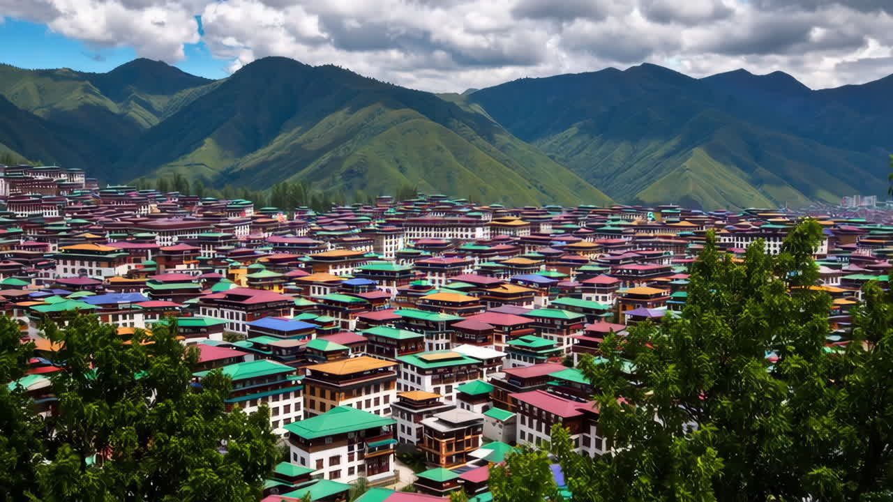 Colorful Tibetan Village nestled in the Himalayas