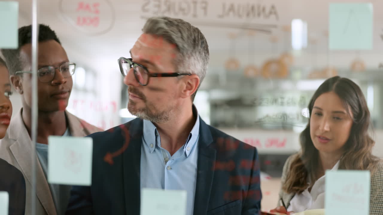 Forretningsfolk, leder og planlægning med sticky notes