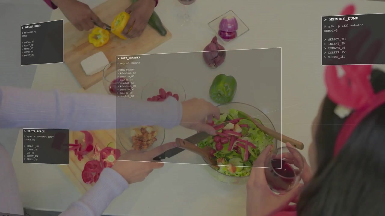 Vídeo vertical: Durante festa, 3 mulheres fatiando pimentões, fazendo salada na cozinha com galhadas, UI.