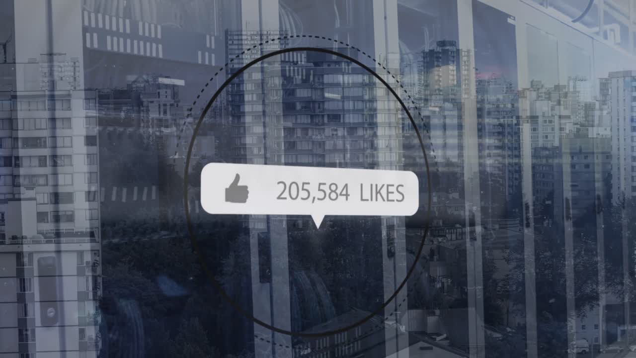 도시 풍경 을 배경 으로 한 원 의 중간 에 있는 좋아함 의 수 가 증가 하고 있는 엄지 손가락 을 올려 놓은 표지판 의 애니메이션