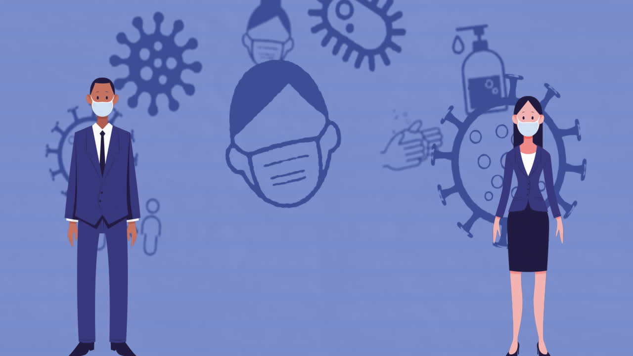 hombre de negocios y mujer de negocios que usan iconos de máscara manteniendo la distancia social sobre los iconos de coronavirus