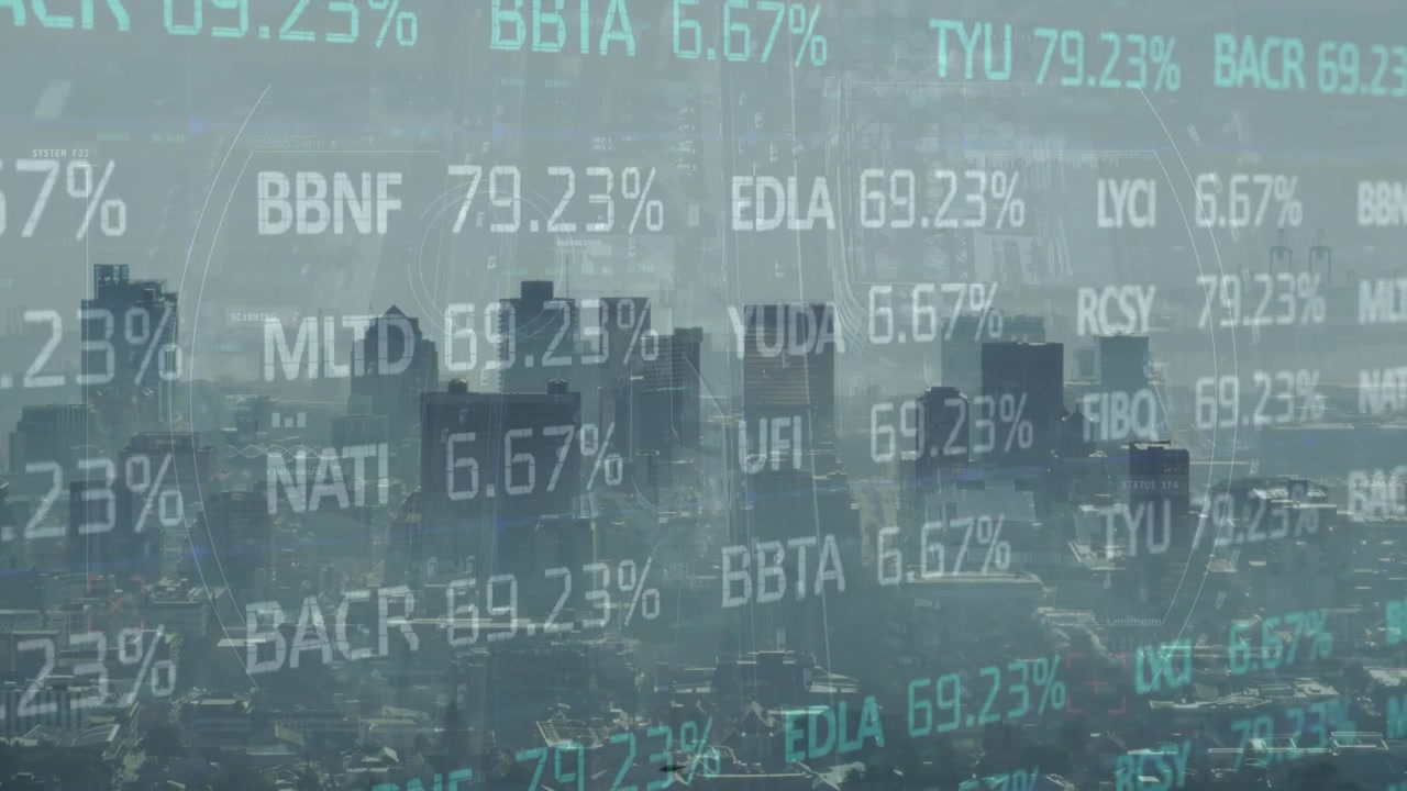 Animation of stock market data processing against scope scanning over aerial view of cityscape