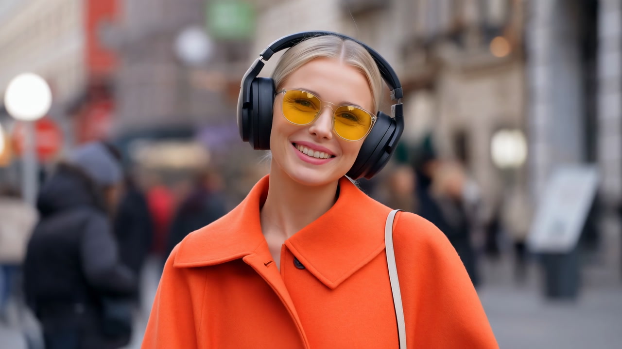 Smiling White Blonde Woman With Headphones In Orange Coat And Yellow Sunglasses On Busy City Street, Casual