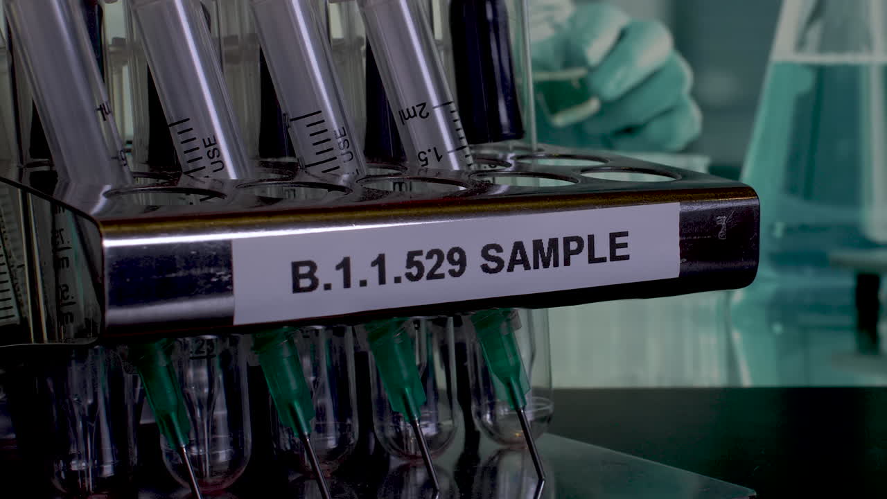 Tilt close up shot of sample test tubes being removed from a laboratory rack, labelled with the new strain of Covid 19 B.1.1.529, a global concern surrounding the outbreak of the Omicron variant