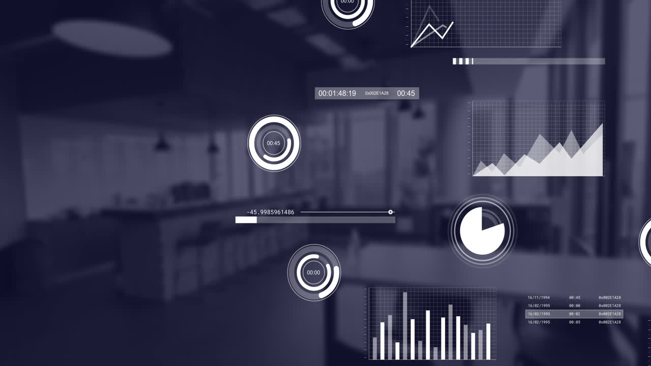 Animation of financial data processing over empty office