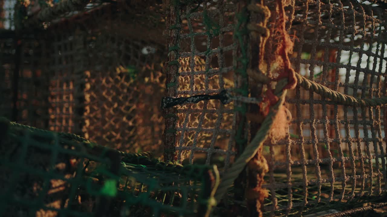 Primer plano de una red de pesca desgastada con cuerdas iluminada por la cálida luz del atardecer