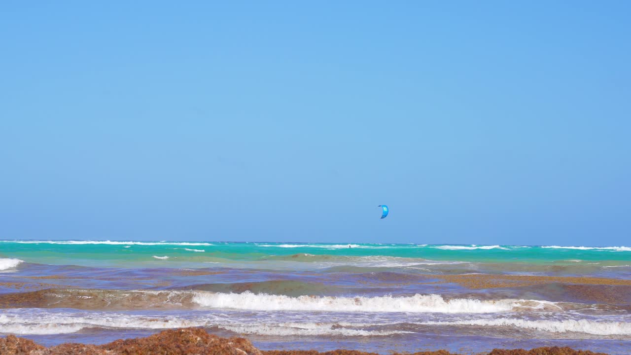olas tropicales de la costa del caribe con algas marinas sargassum y paracaídas en parapente en el fondo