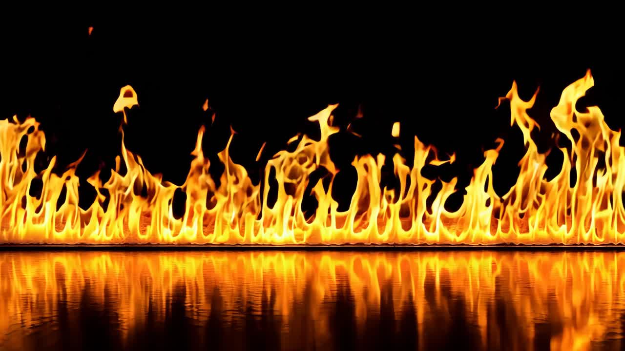 En ildflamme på en sort baggrund med spejling i vandet
