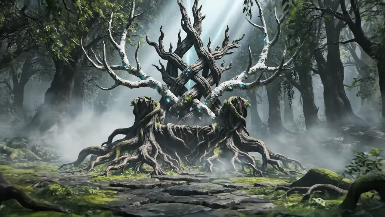 Mystical Ancient Tree Throne in a Foggy Forest