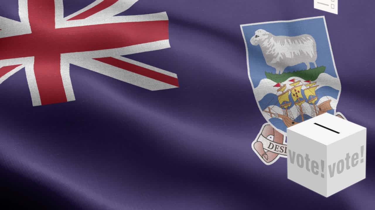 발 앞에 있는 투표용지 - 투표용지가 포클랜드 선택을 위해 상자에 날아갑니다 - 선거 - 투표 - 포클랜드 제도의 발 - 포클란드 제도의 플래그 높은 세부 사항 - 국가 발 포클랜드 섬 파동 패턴 루프 가능한 요소 - 직물 질감과 끝없는 루프