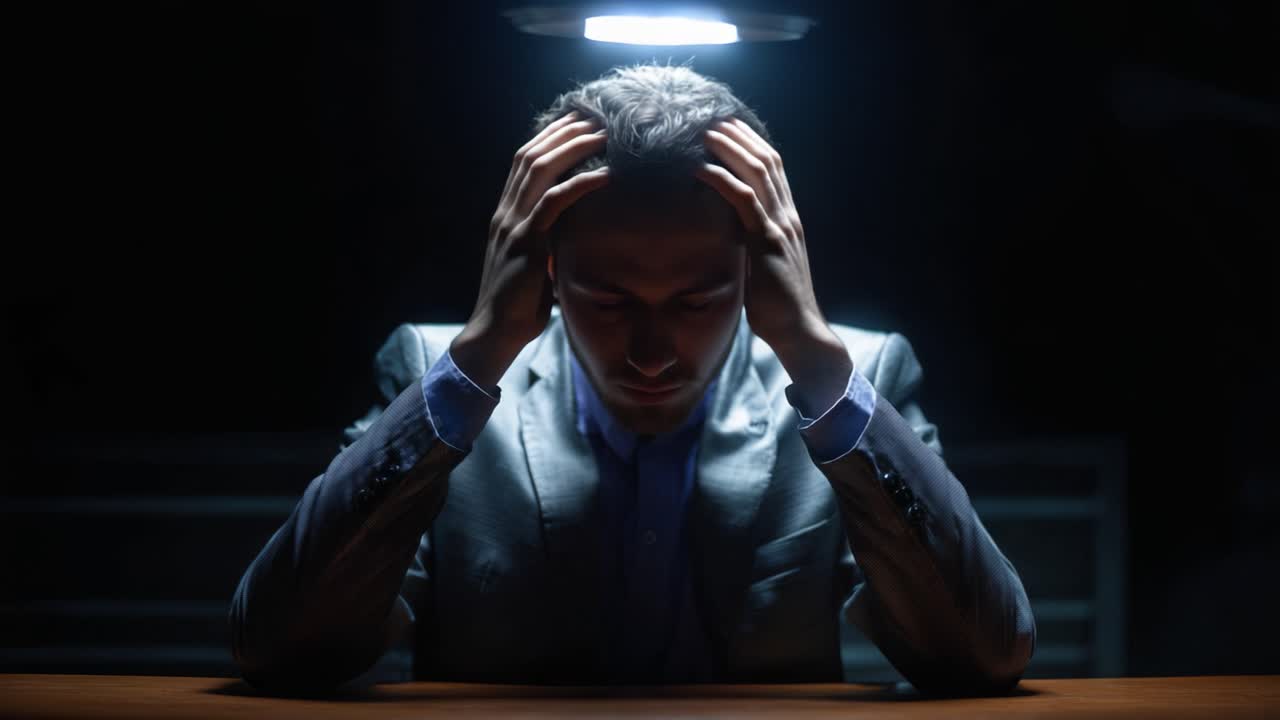 A man in a suit sits at a dark table, grasping his head in distress, under a focused light, conveying feelings of stress, overwhelm, and contemplation