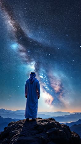 man contemplating the milky way from a mountaintop