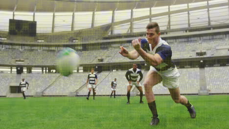 animation of colourful squares over male rugby players at stadium