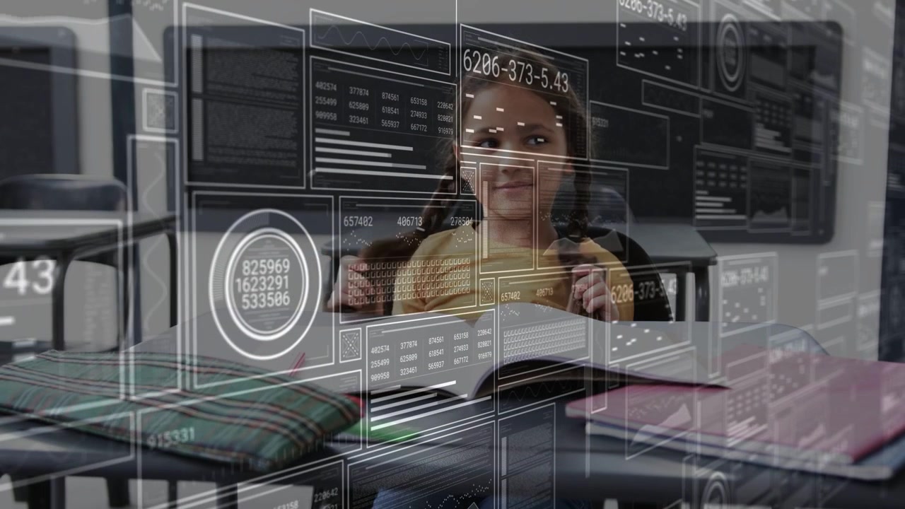 HUD panels sliding initiating student adjusting braids and straps to study, ending centered upright