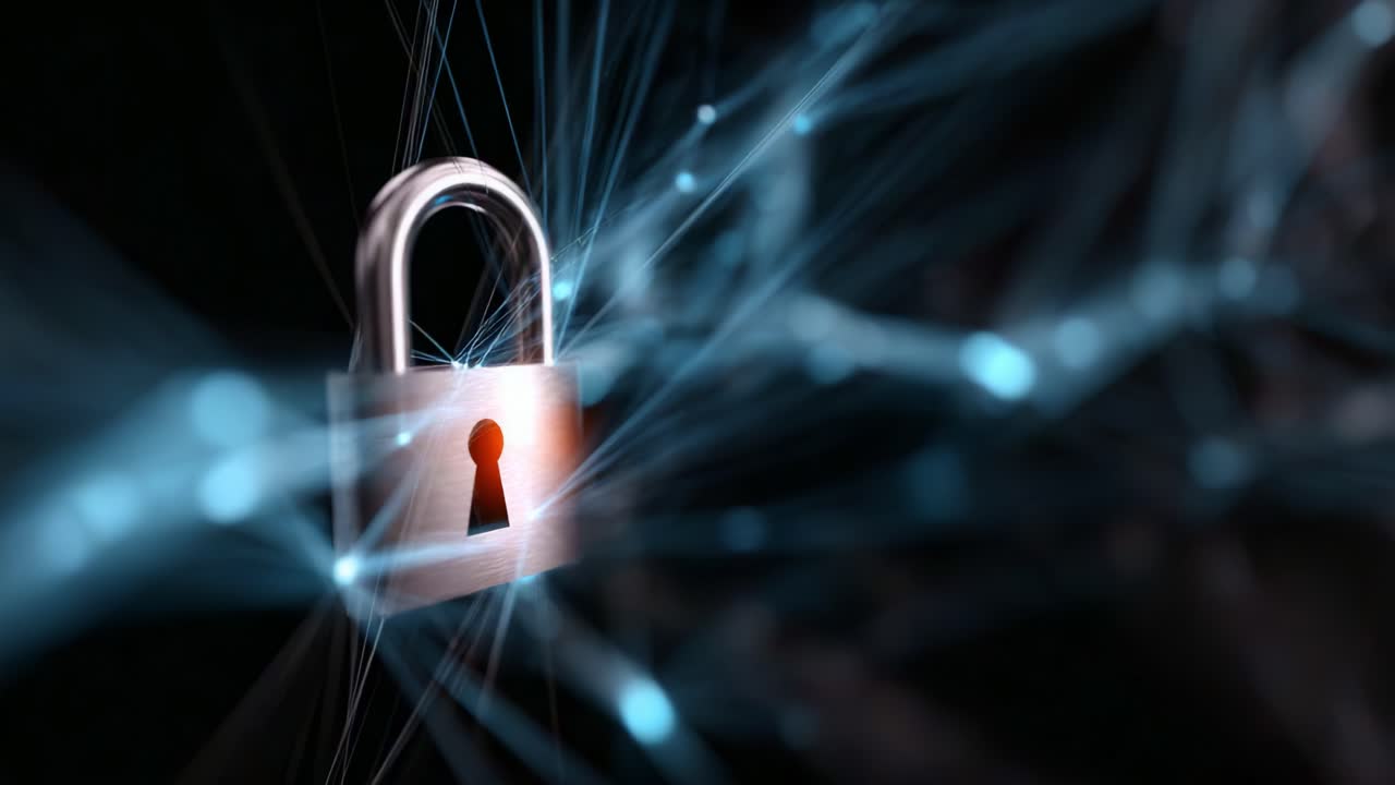A Digital Lock Representing Cybersecurity, Protection, and Data Privacy Amidst a Network of Connected Lines and Bright Dots, Symbolizing Information Security Challenges