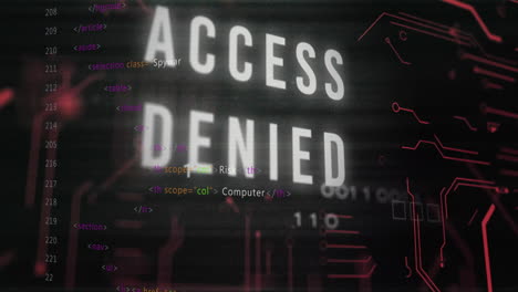 access denied text animation over computer code and binary numbers