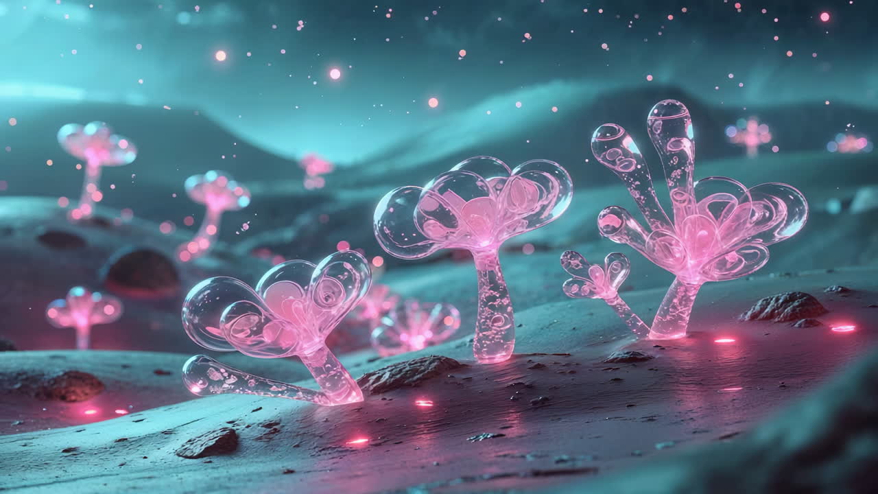 Bioluminescent alien flora on a mystical, otherwordly landscape