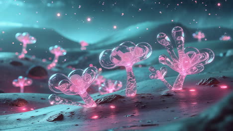 bioluminescent alien flora on a mystical, otherwordly landscape
