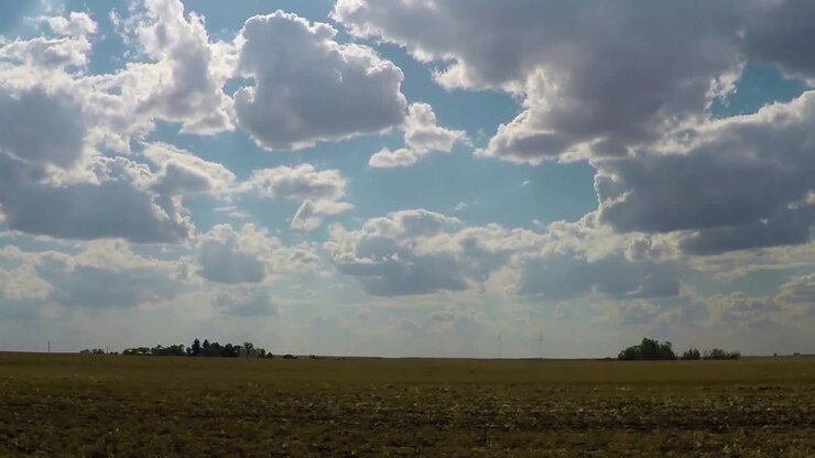 Giant green field with small groups of trees far off in the distance on a blue sunny day with lots of clouds in the sky
