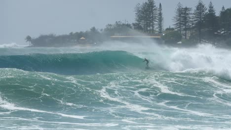 surfers on rough ocean waves, surfing on coastline of australia, greenmount beach, queensland