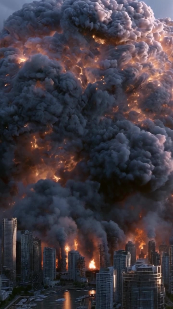 Una massiccia esplosione catastrofica che avvolge grattacieli in fiamme e fumo, catturando la devastazione dei paesaggi urbani mentre il fuoco inghiotte il paesaggio urbano.
