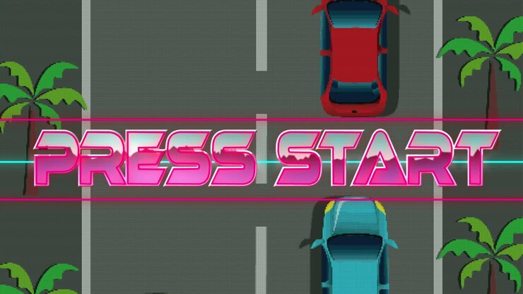 Animasi teks 'press start' di atas layar dengan permainan balap mobil di latar belakang