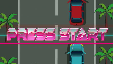 animación del texto de inicio de prensa sobre la pantalla con el juego de carreras de coches en el fondo