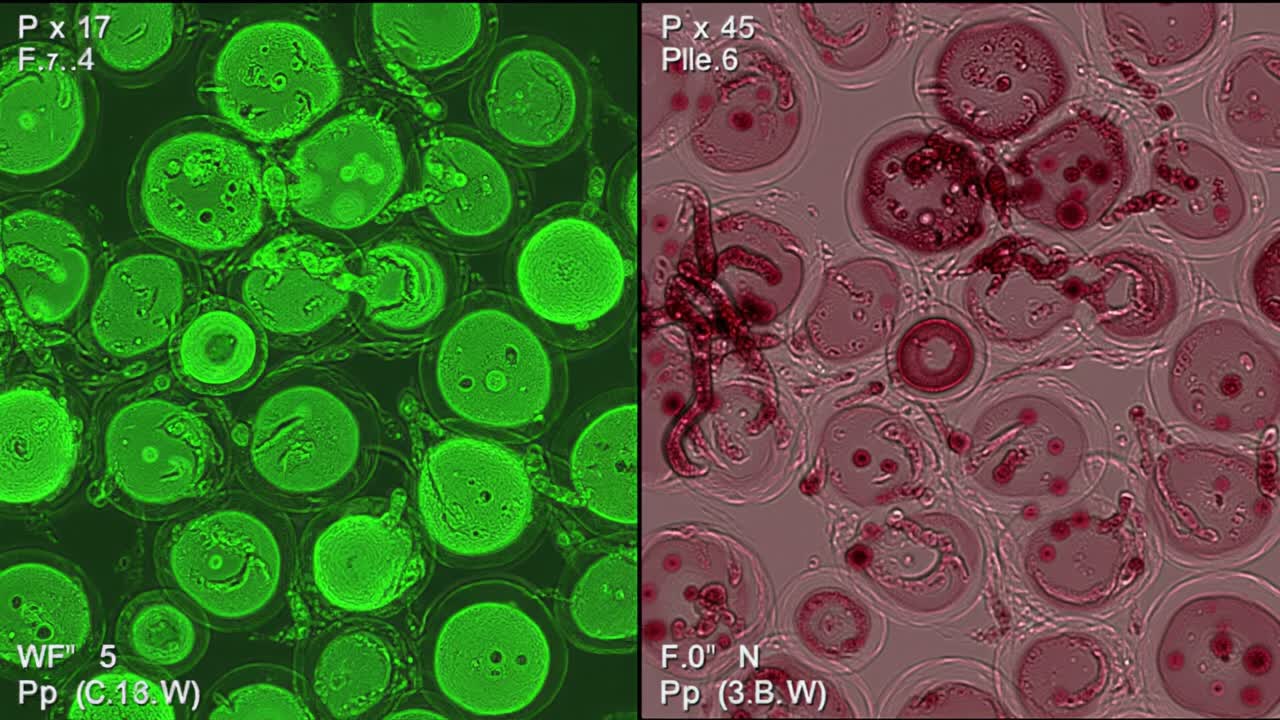 Microscopic Views of Cellular Structures: A Comparative Analysis of Green Fluorescent and Red Stained Samples Showcasing Intricate Details and Patterns