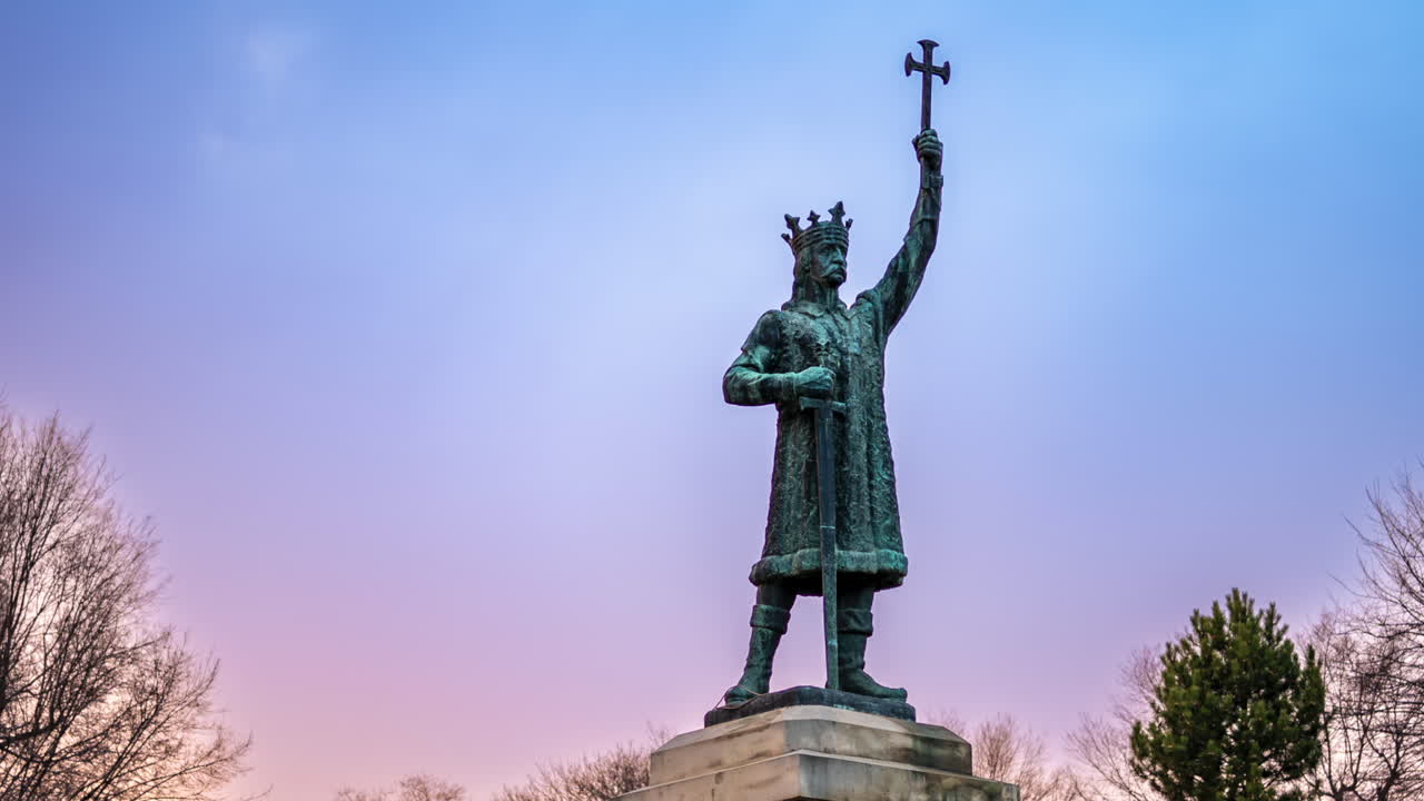 Chisinau, Moldova - January 10, 2023: Stephen the Great Monument in the city centre, at sunset