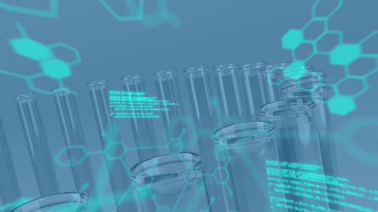 Animation of medical data processing and chemical compound structures against laboratory test tubes