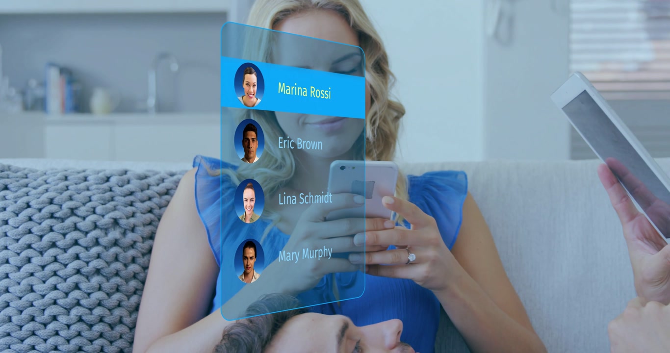 Woman tapping smartphone on couch tech AR contacts left of phone cycling to call contact