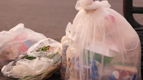 bandeja a la izquierda, bolsas de plástico con basura a la izquierda en la carretera
