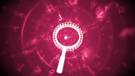 animation of magnifying glass icon over letters and red circles on black background