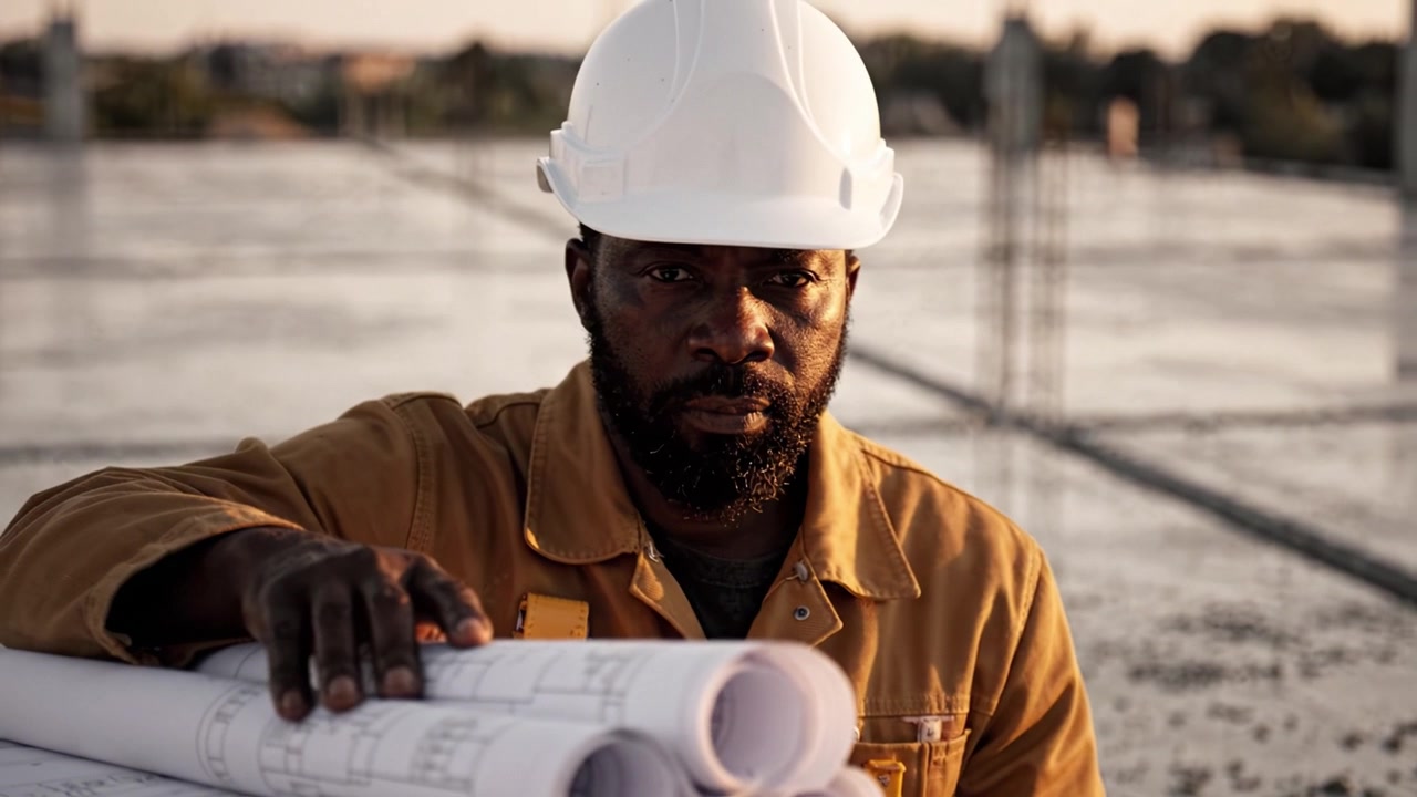 Focused Construction Worker Holding Blueprints on a Building Site at Sunset, Showcasing Safety Gear and Commitment to Quality in His Craft