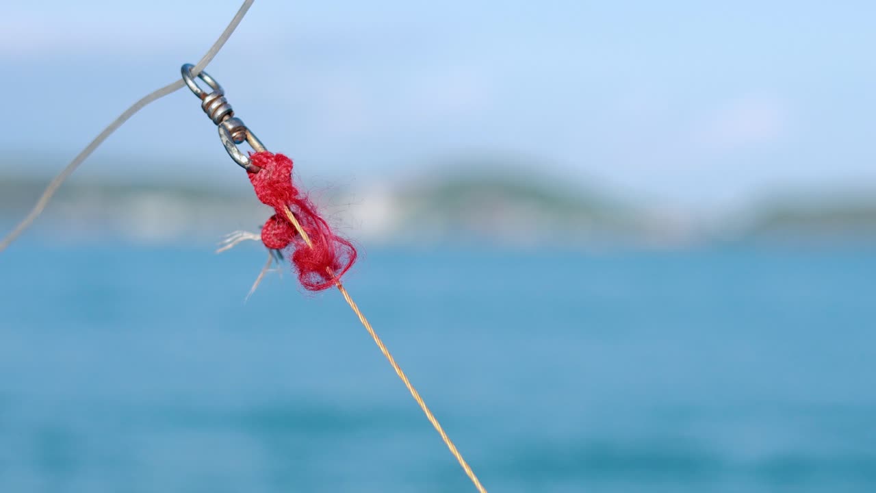 Close-up of a fishing hook with red bait against a blurred ocean background. Bright daylight enhances the vivid colors