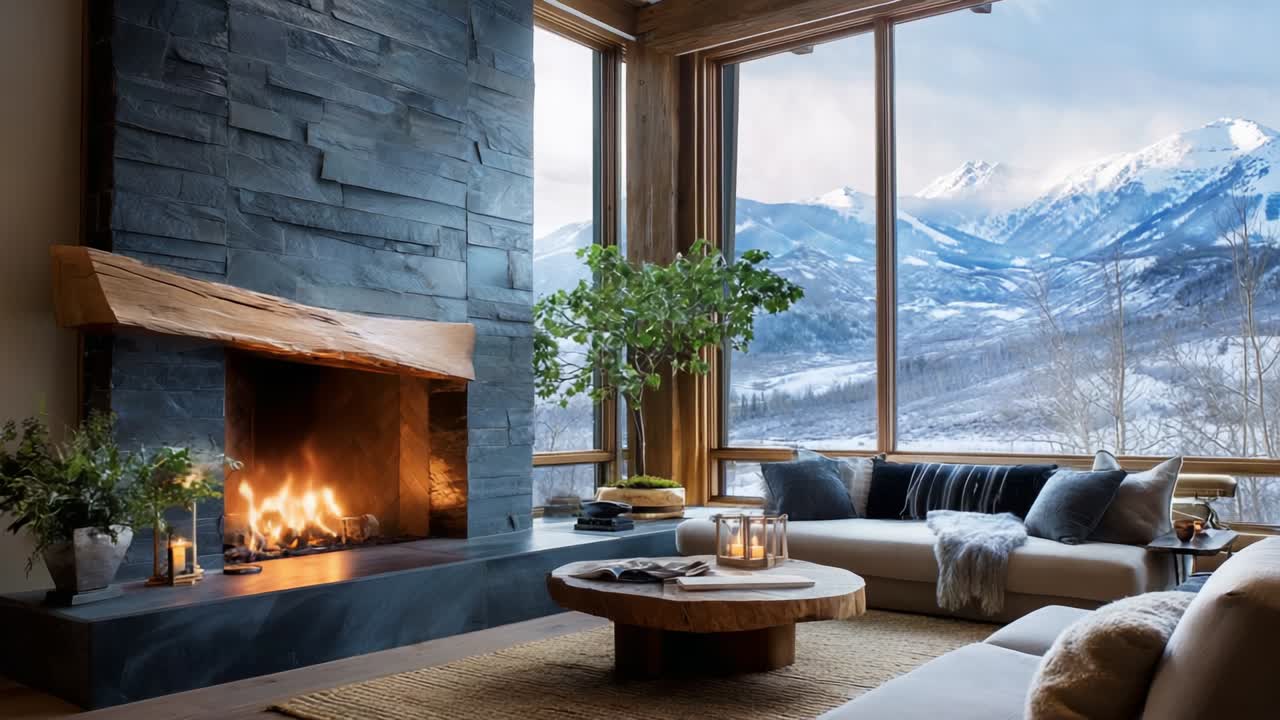 A Cozy Modern Living Room with a Stunning View of Snow-Capped Mountains through Large Windows, Featuring a Warm Fireplace, Elegant Sofa, Round Coffee Table, and Inviting Atmosphere for Relaxation