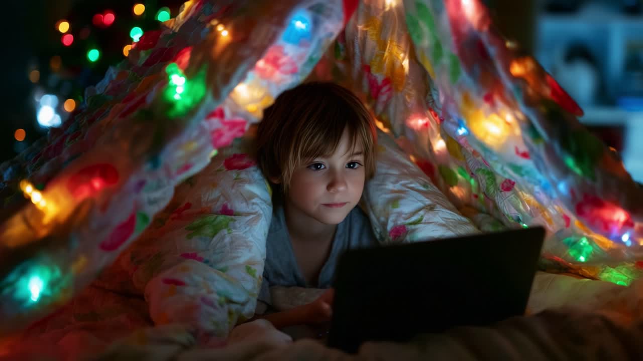 Cozy Night In: A Young Child Relaxes Under a Colorfully Lit Blanket Fort, Engrossed in a Laptop Screen, Surrounded by the Warm Glow of Christmas Lights and Festive Cheer