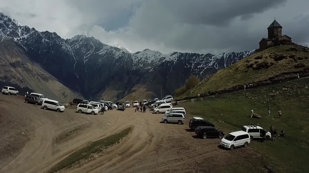 drone shot at beatiful kazbeki mountain