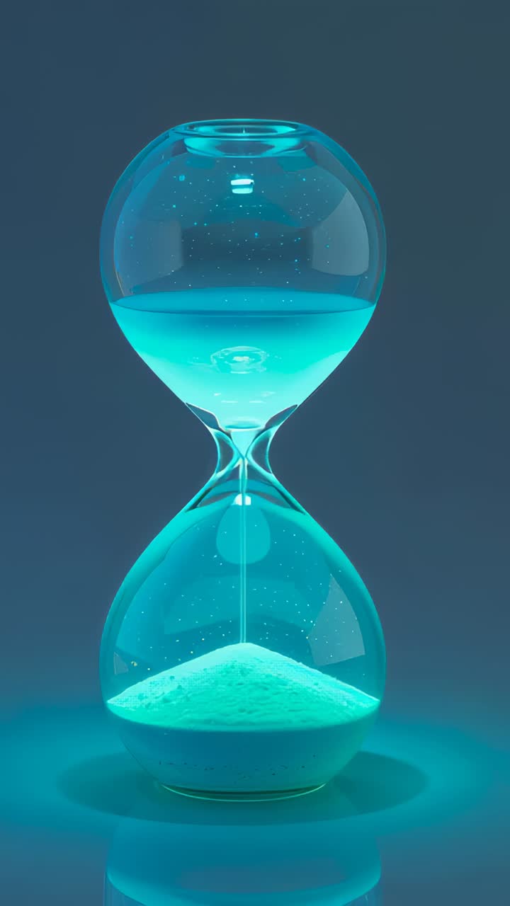 Vertical video: Flowing glass hourglass trickling cyan sand at teal set, gravity forming lower pile