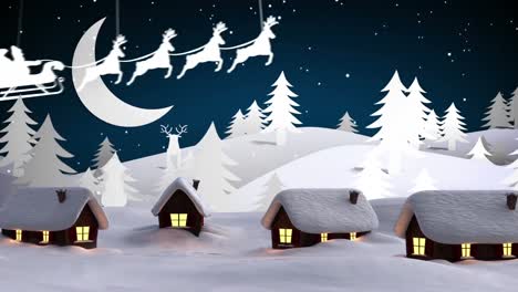 Animation-of-snow-over-winter-landscape-against-santa-claus-in-sleigh-being-pulled-by-reindeers