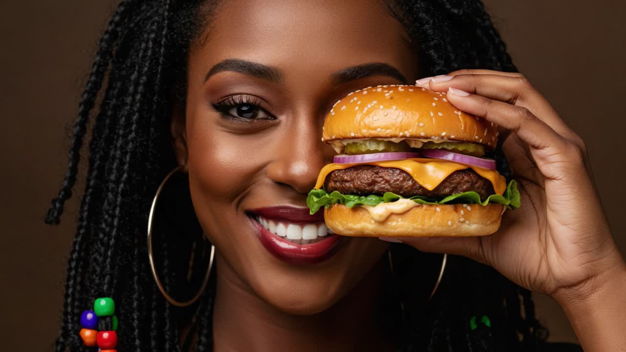 Catturato con gusto: una donna sicura di sé presenta un hamburger appetitoso, evidenziando ingredienti saporiti e un'allegra esperienza gourmet.