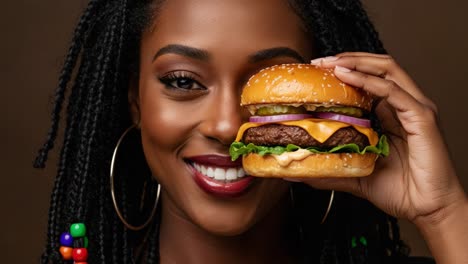 deliciously captured: a confident woman showcases a mouthwatering burger, highlighting flavorful ingredients and a joyful gourmet experience